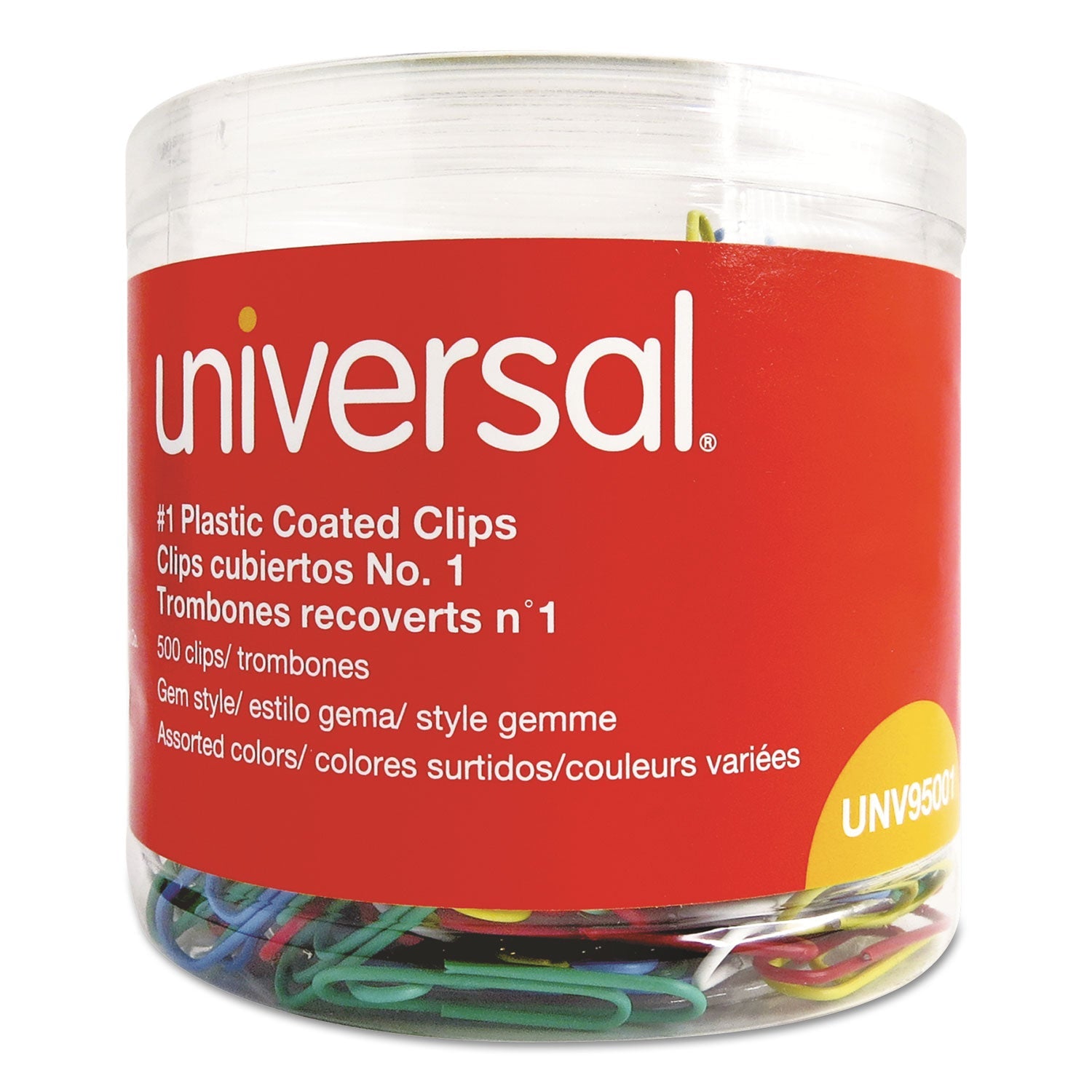 Universal Plastic-Coated Paper Clips with One-Compartment Storage Tub, #1, Assorted Colors, 500/Pack