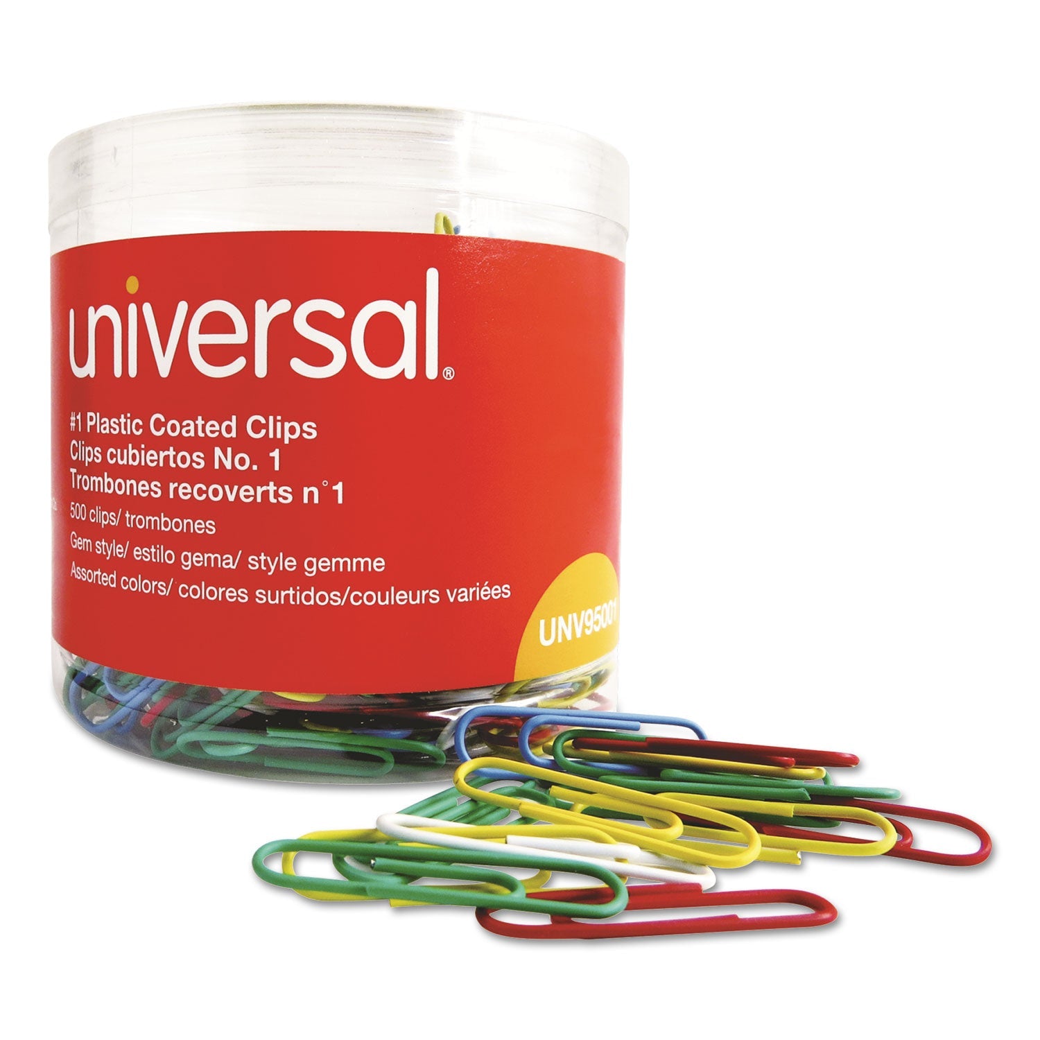 Universal Plastic-Coated Paper Clips with One-Compartment Storage Tub, #1, Assorted Colors, 500/Pack