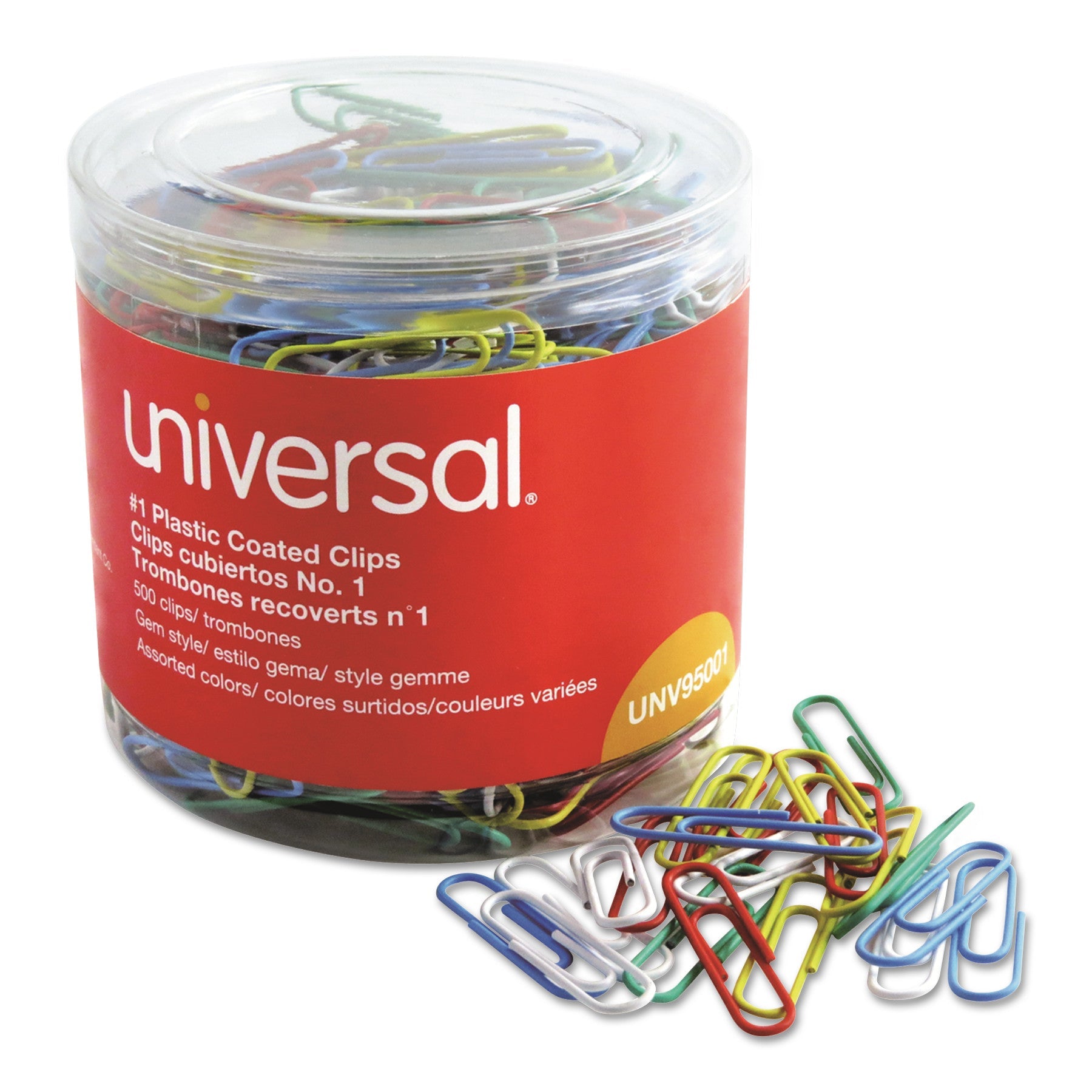 Universal Plastic-Coated Paper Clips with One-Compartment Storage Tub, #1, Assorted Colors, 500/Pack