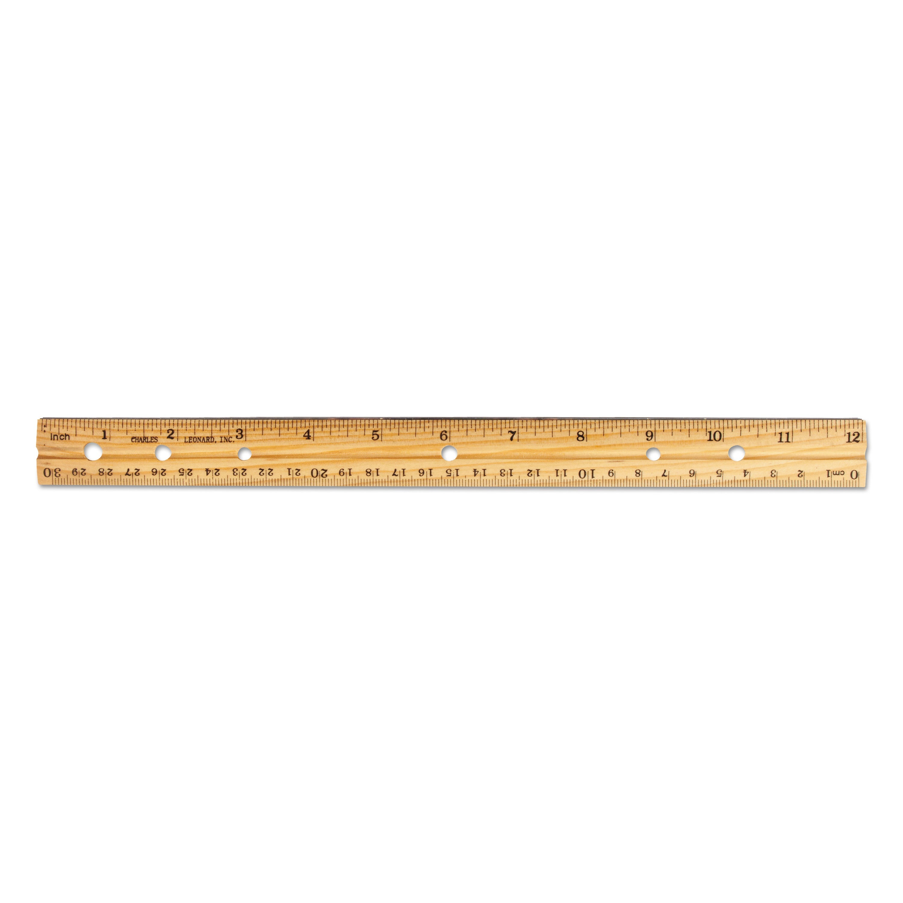 Charles Leonard Beveled Wood Ruler w/Single Metal Edge, 3-Hole Punched, Standard/Metric, 12" Long, Natural, 36/Box