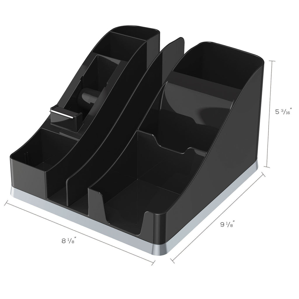 deflecto Silhouettes All-In-One Caddy, 6 Compartments, Plastic, 8.13 x 9.13 x 5.19, Black/Silver
