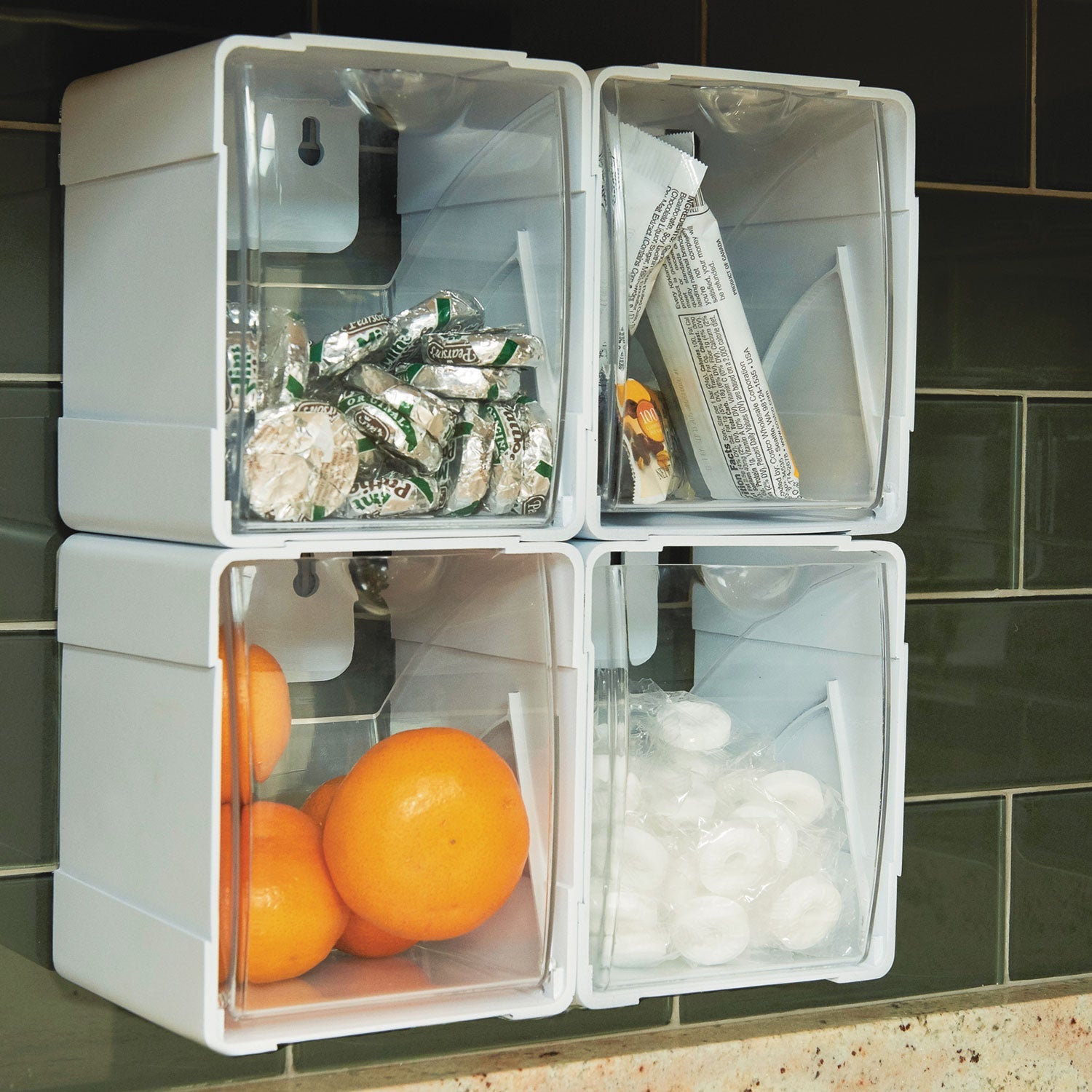 deflecto Tilt Bin Interlocking 4-Bin Organizer, Plastic, 4.63 x 4.88 x 5.5, White/Clear