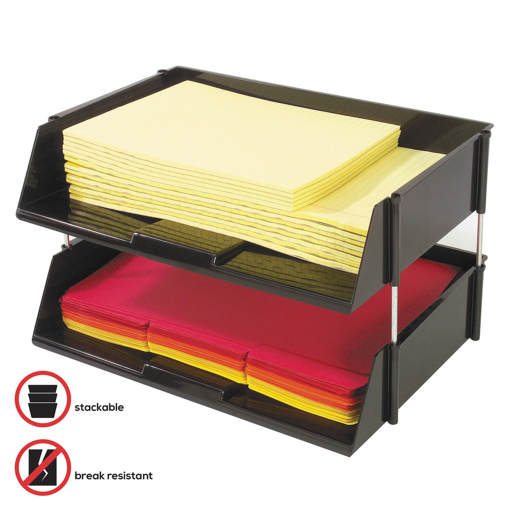 deflecto Industrial Tray Side-Load Stacking Tray Set, 2 Sections, Letter to Legal Size Files, 16.38" x 11.13" x 3.5", Black, 2/Pack