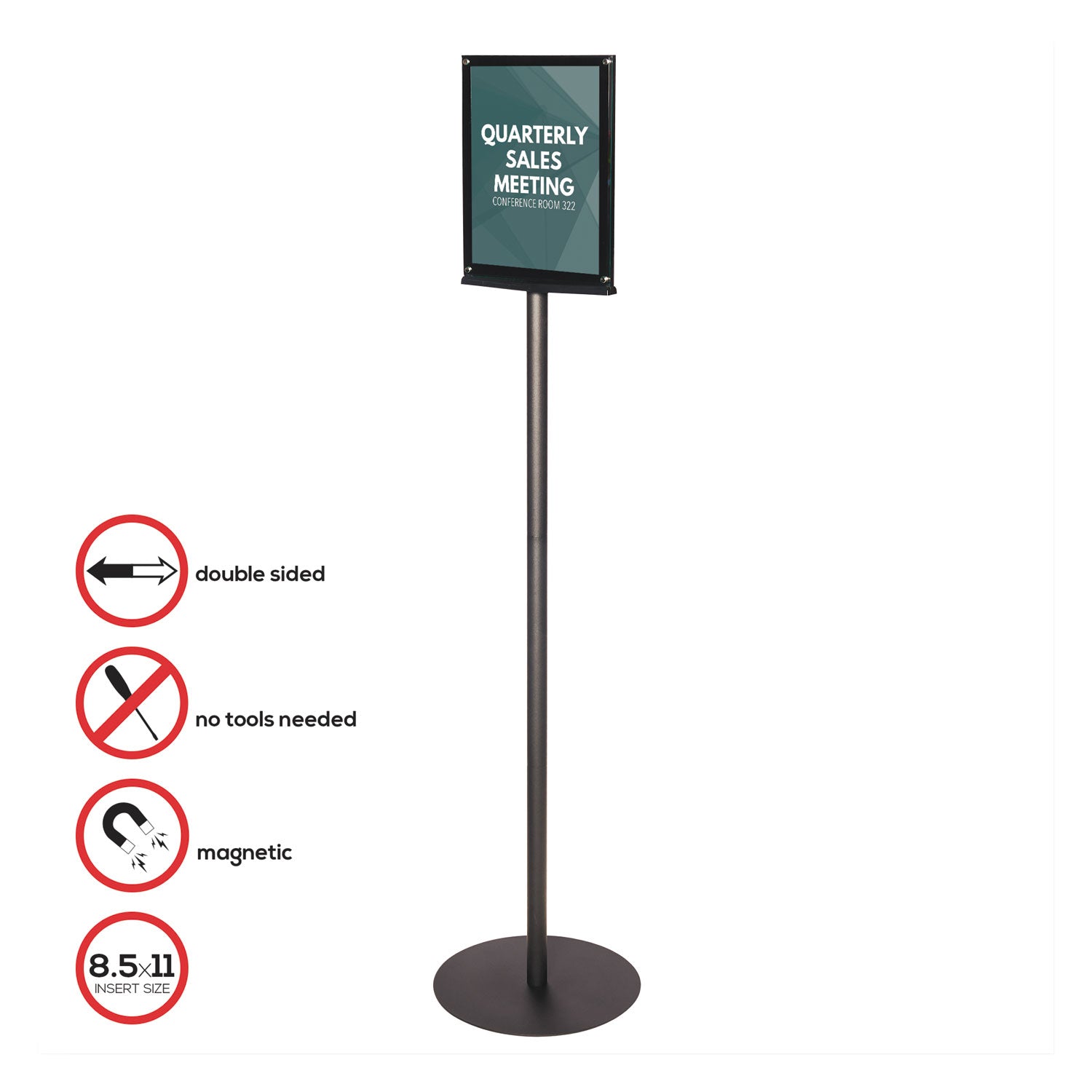 deflecto Double-Sided Magnetic Sign Display, 8.5 x 11 Insert, 56" Tall, Clear/Black
