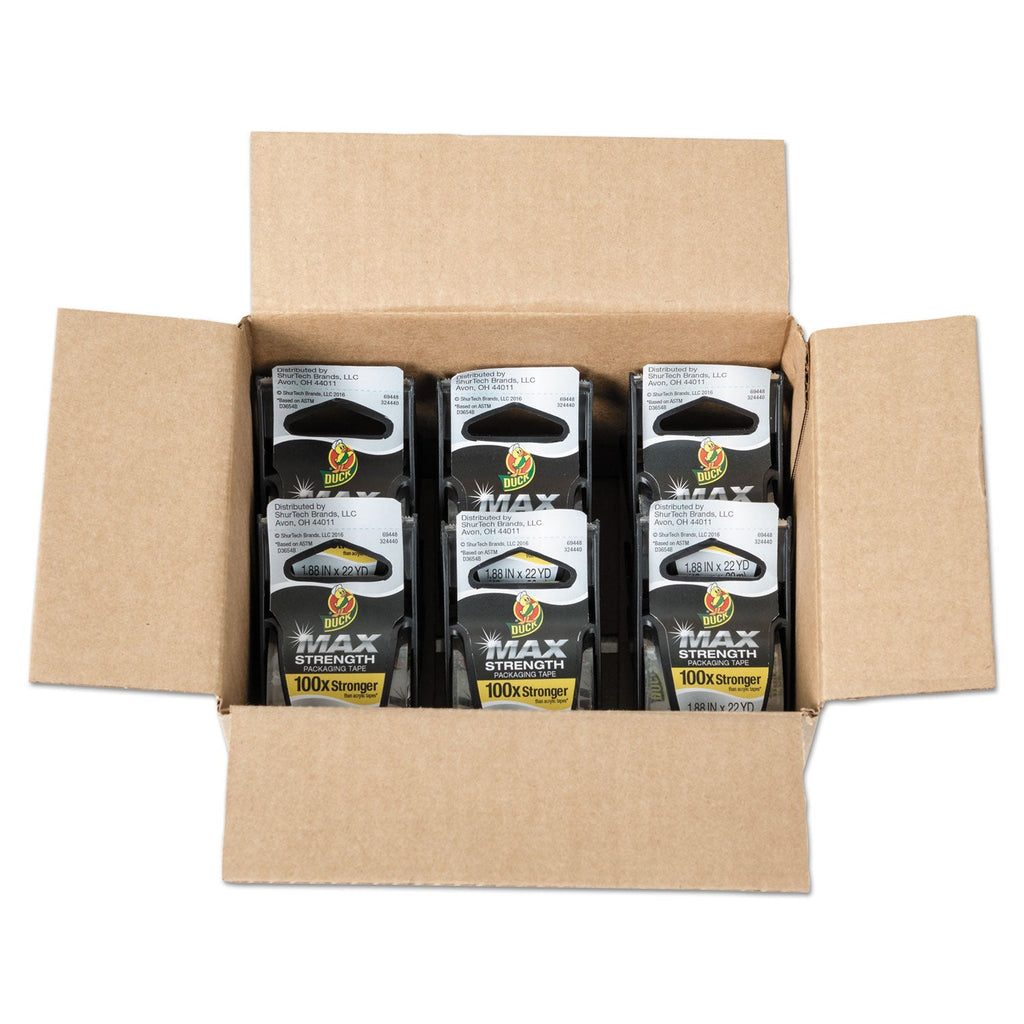 Duck MAX Packaging Tape with Dispenser, 1.5" Core, 1.88" x 22 yds, Crystal Clear, 6/Pack