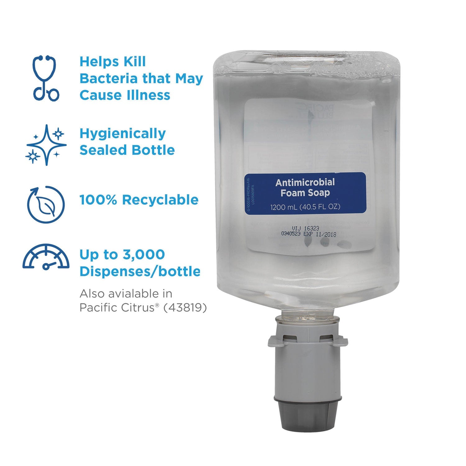 Georgia Pacific Pacific Blue Ultra Foam Soap Manual Dispenser Refill, Antimicrobial, Unscented, 1,200 mL, 4/Carton