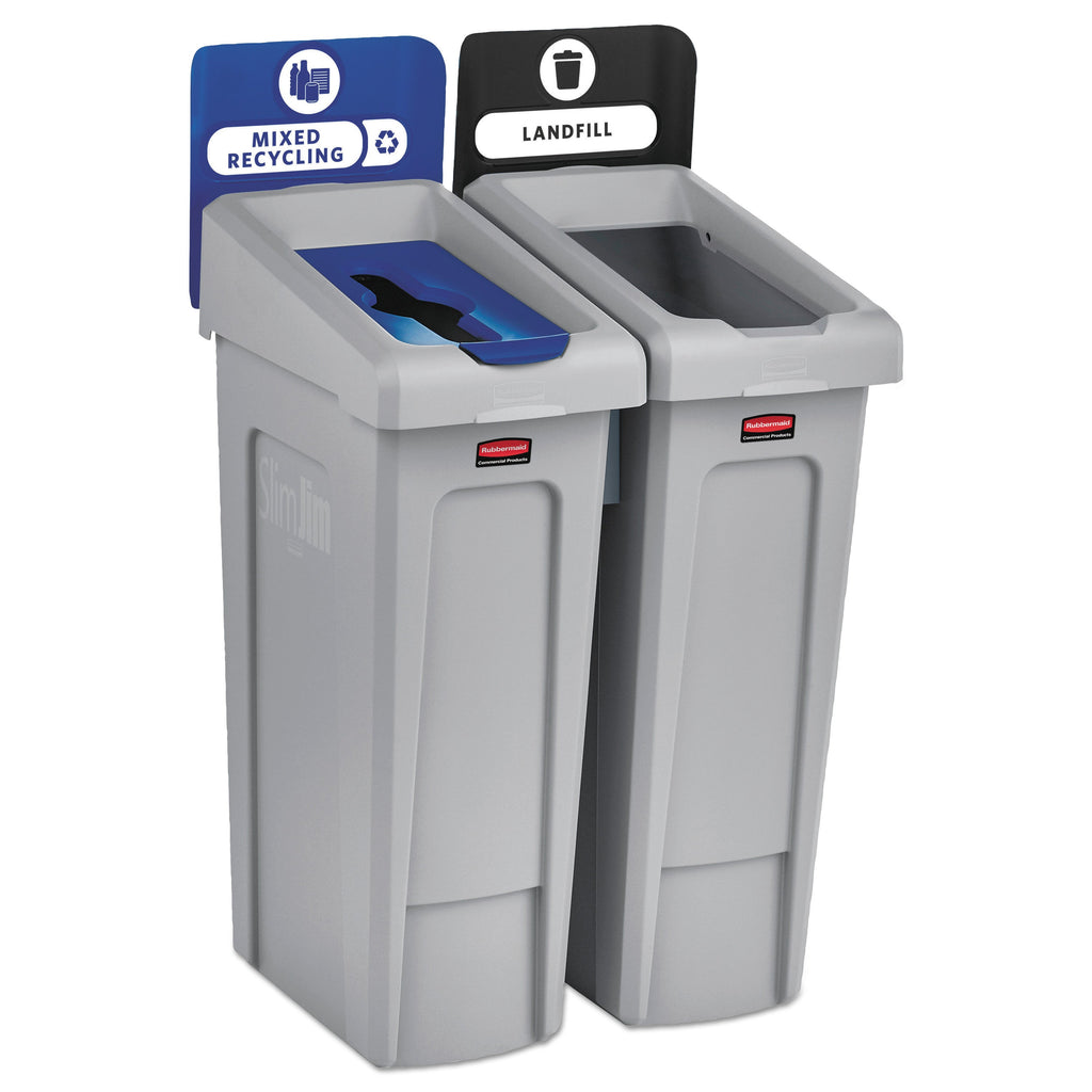 Rubbermaid Slim Jim Recycling Station Kit, 46 gal, 2-Stream Landfill/Mixed Recycling
