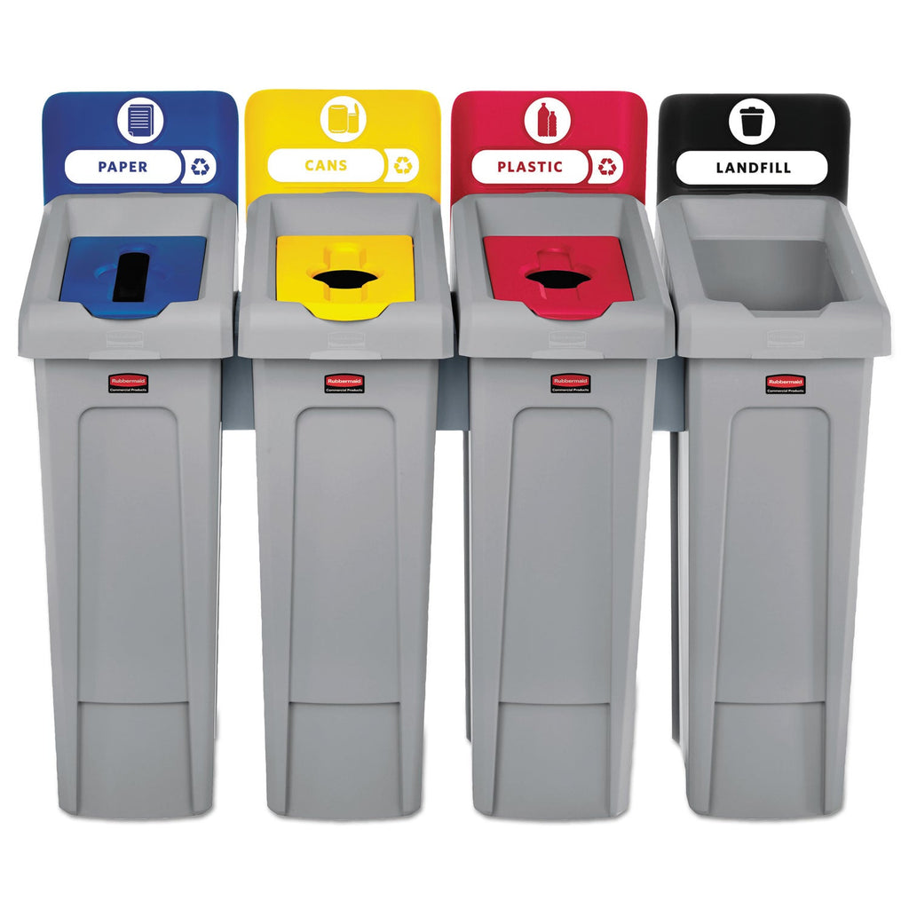 Rubbermaid Slim Jim Recycling Station Kit, 92 gal, 4-Stream Landfill/Paper/Plastic/Cans