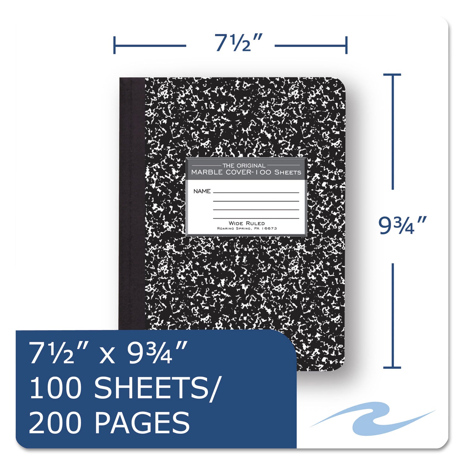 Roaring Spring Marble Cover Composition Book, Wide/Legal Rule, Black Marble Cover, 9.75 x 7.5, 100 Sheets