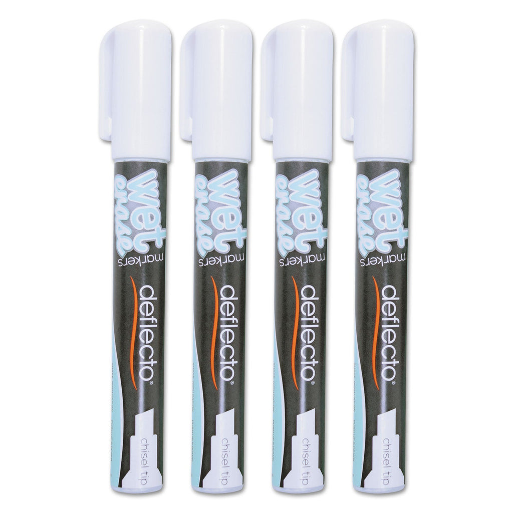 deflecto Wet Erase Markers, Medium Chisel Tip, White, 4/Pack