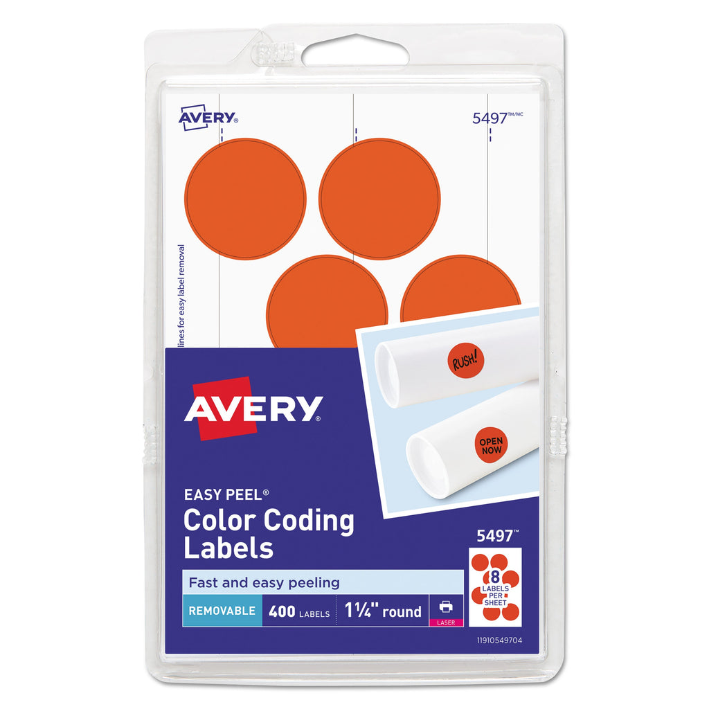 Avery Printable Self-Adhesive Removable Color-Coding Labels, 1.25" dia, Neon Red, 8/Sheet, 50 Sheets/Pack, (5497)