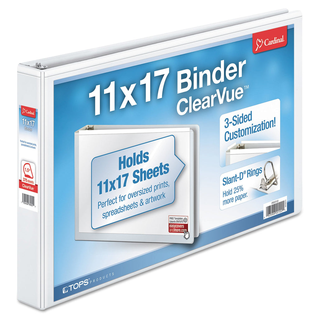 Cardinal ClearVue Slant-D Ring Binder, 3 Rings, 1.5" Capacity, 11 x 17, White