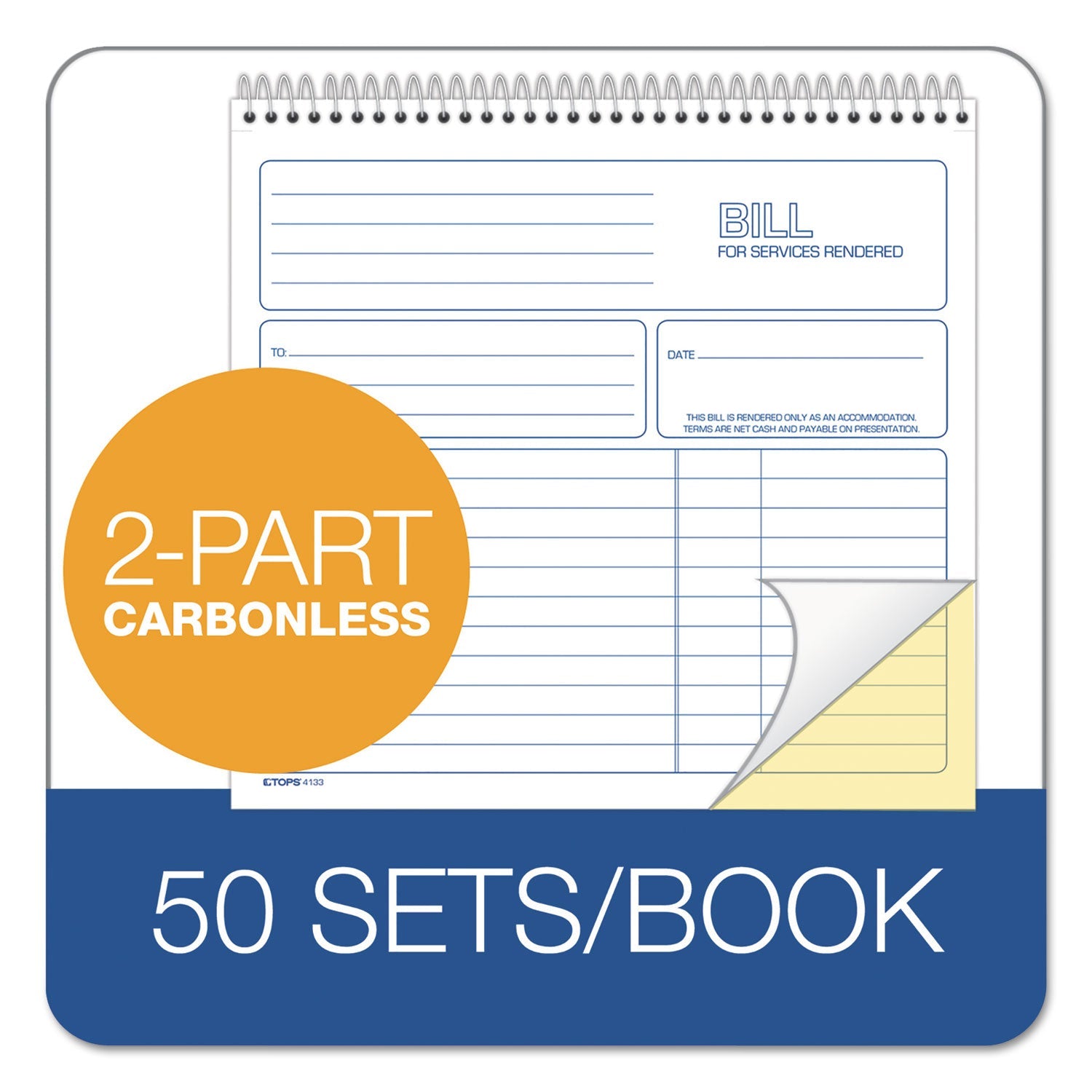 TOPS Spiralbound Service Invoices, Two-Part Carbonless, 8.5 x 7.75, 1/Page, 50 Forms