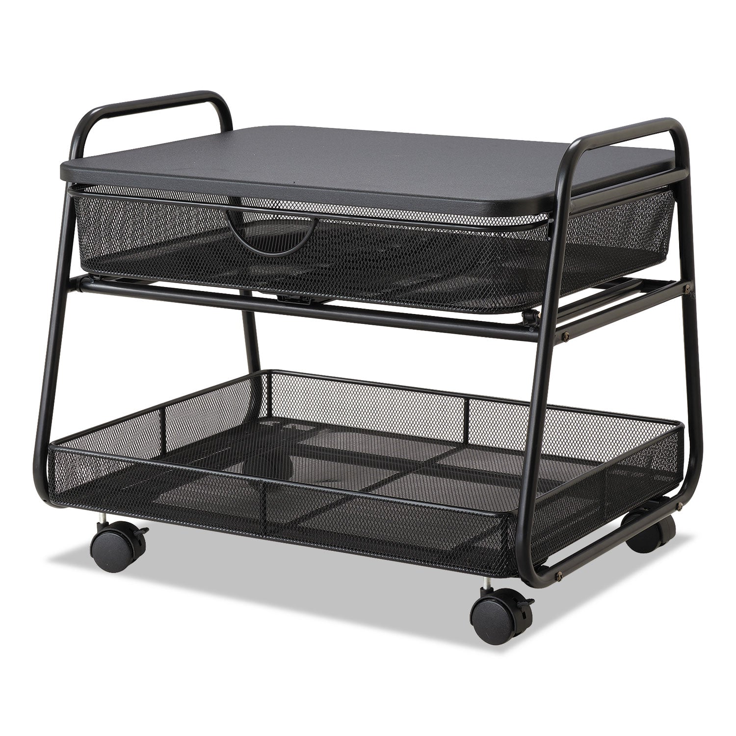 Safco Onyx Under Desk Machine Stand, Metal, 1 Shelf, 1 Drawer, 1 Bin, 100 lb Capacity, 21" x 16" x 17.5", Black