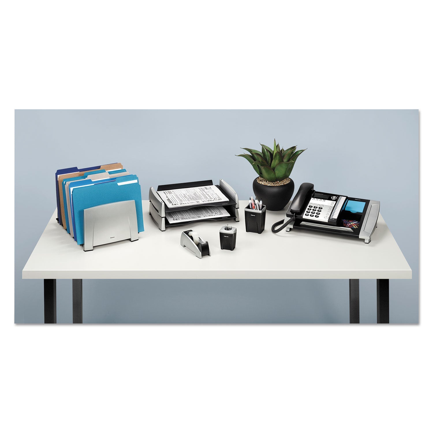 Fellowes Office Suites Desktop Tape Dispenser, Heavy Base, 1" Core, Plastic, Black/Silver