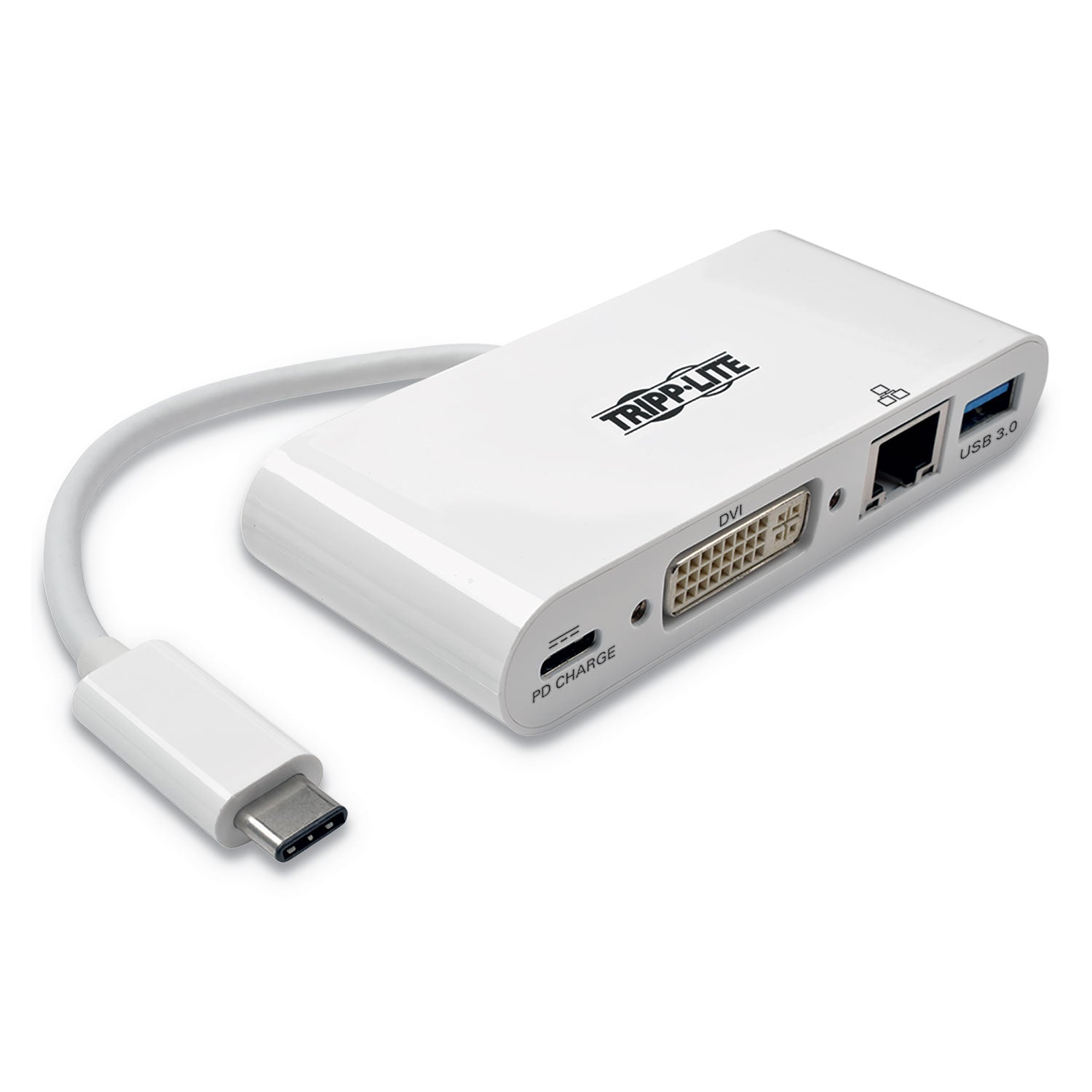 Tripp Lite USB 3.1 Gen 1 USB-C to DVI Adapter, USB-A/USB-C PD Charging/Gigabit Ethernet, 3", White
