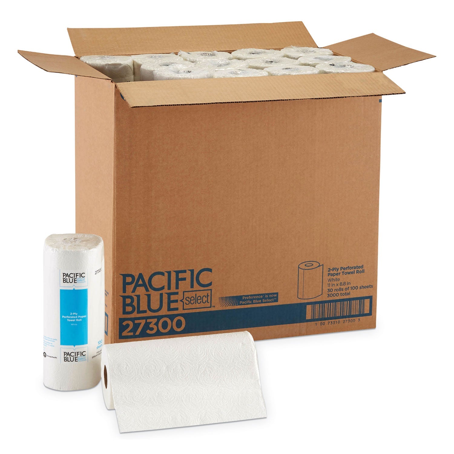 Georgia Pacific Pacific Blue Select Two-Ply Perforated Paper Kitchen Roll Towels, 2-Ply, 11 x 8.88, White, 100/Roll