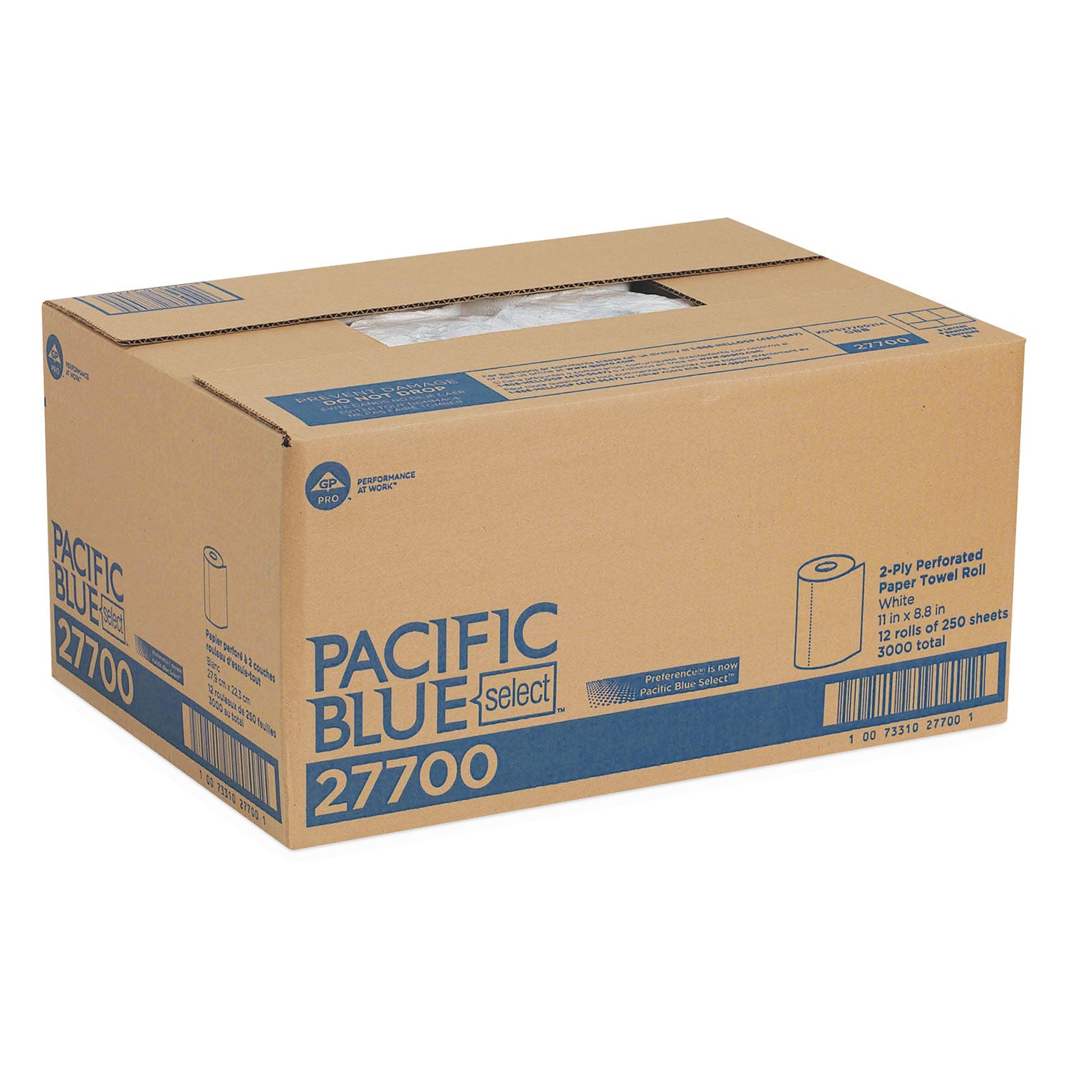Georgia Pacific Pacific Blue Select Two-Ply Perforated Paper Kitchen Roll Towels, 2-Ply, 11 x 8.8, White, 250/Roll, 12 Rolls/Carton