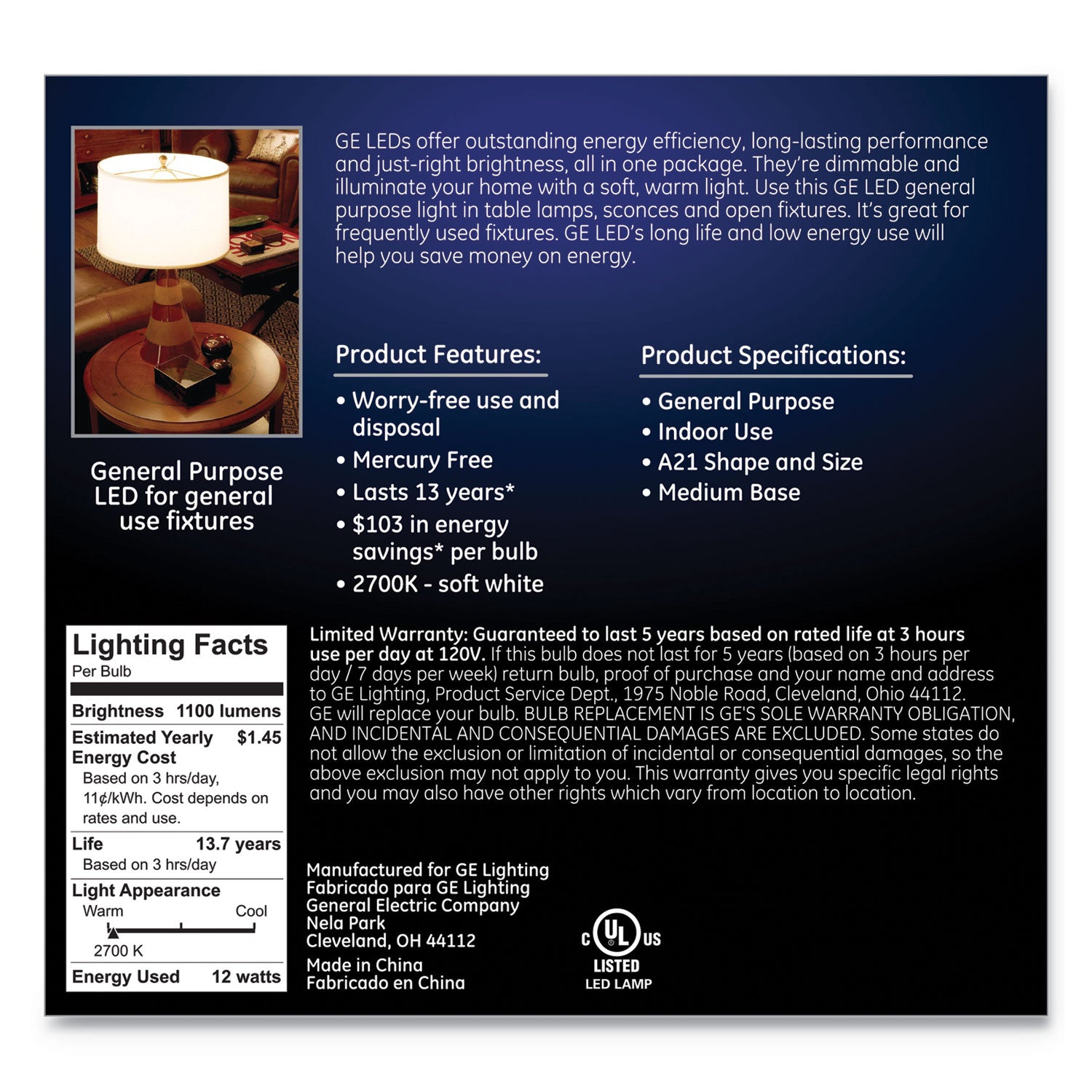 GE LED Soft White A21 Dimmable Light Bulb, 12 W, 2/Pack