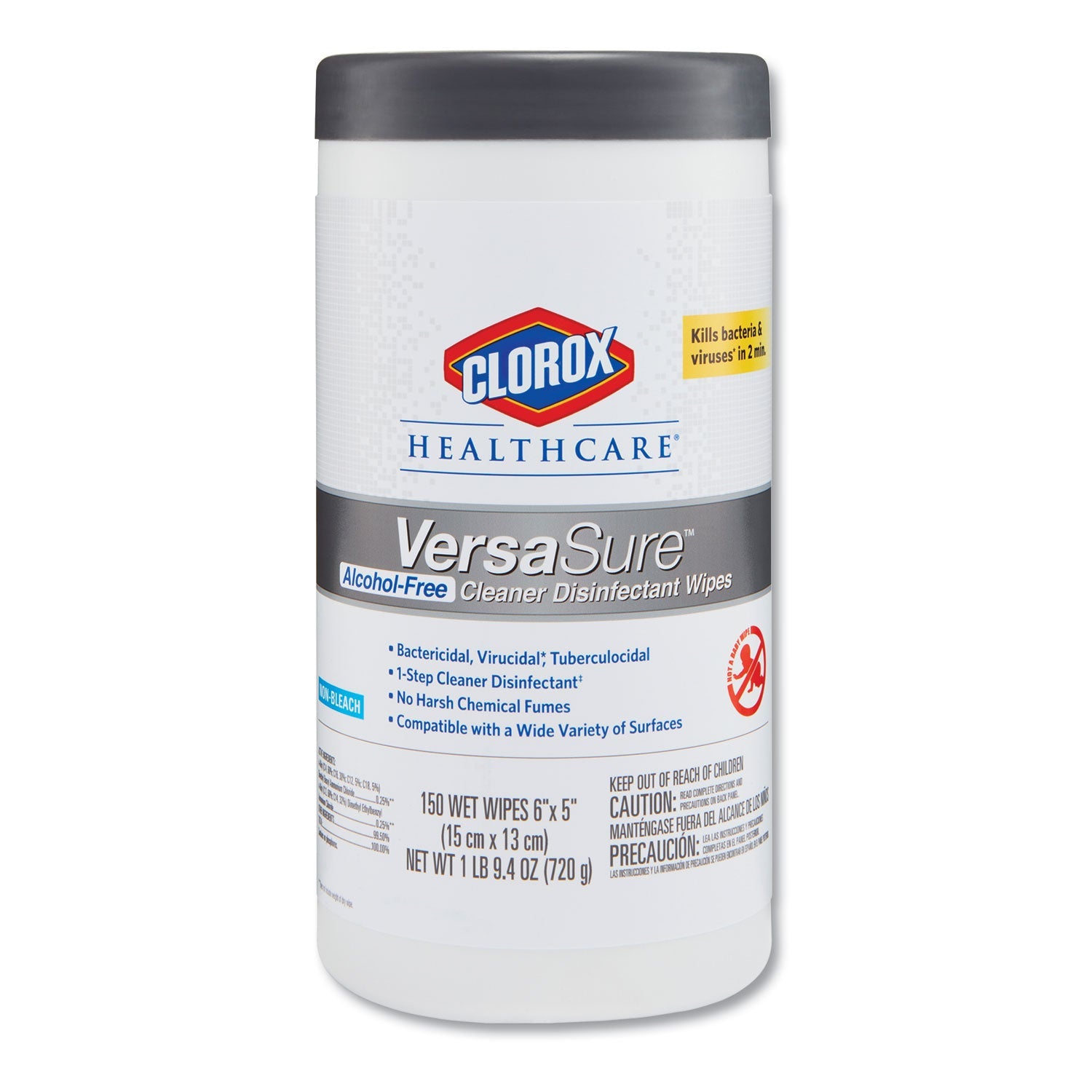 Clorox VersaSure Cleaner Disinfectant Wipes, 1-Ply, 6.75 x 8, White, 150 Towels/Canister