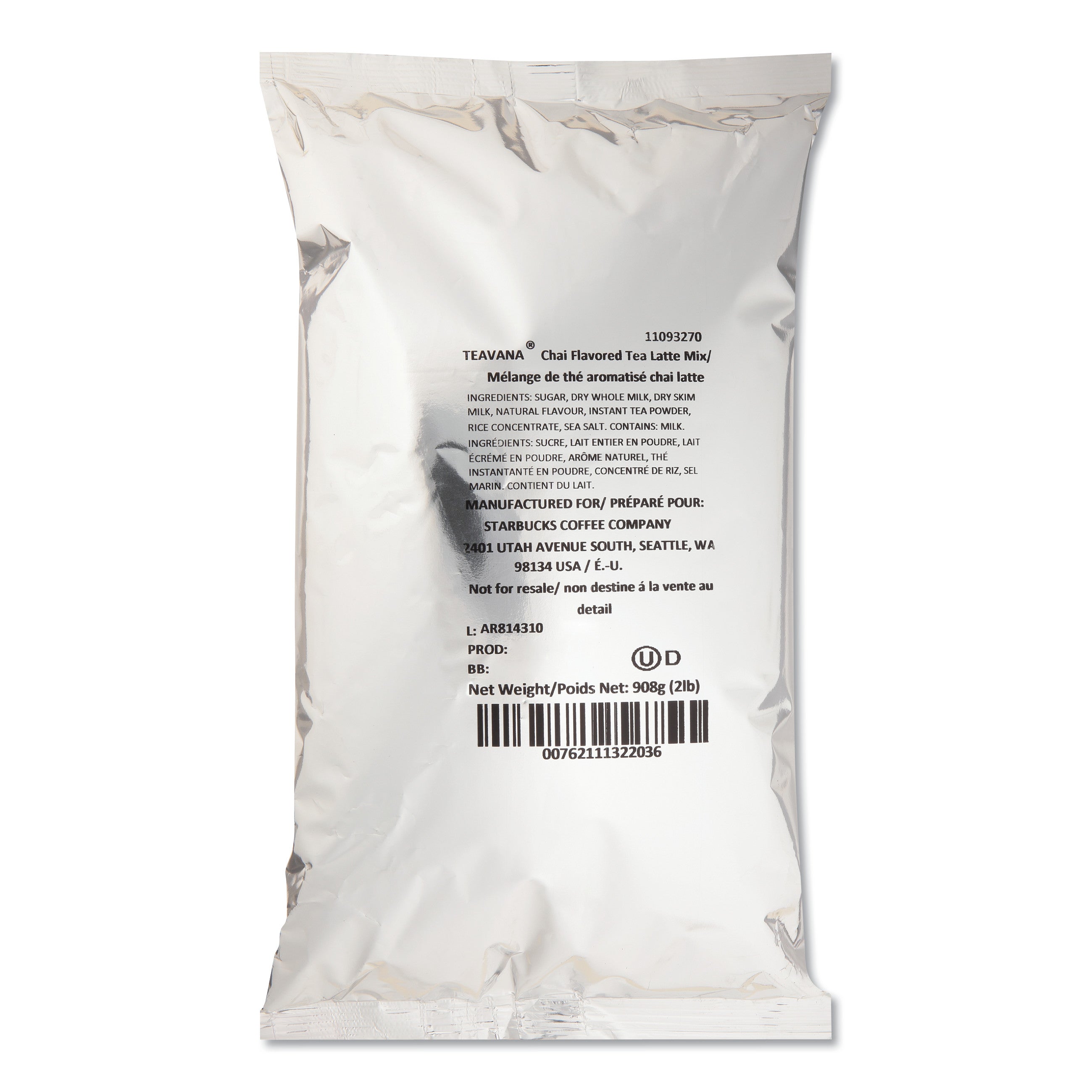 Starbucks Teavana Chai Tea Latte Mix, Chai Latte, 2 lb, Bag, 6/Carton