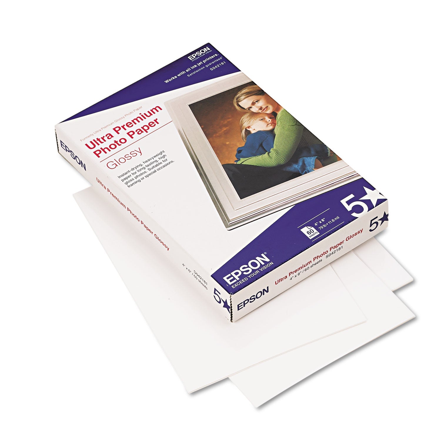 Epson Ultra Premium Glossy Photo Paper, 11.8 mil, 4 x 6, Glossy Bright White, 60/Pack