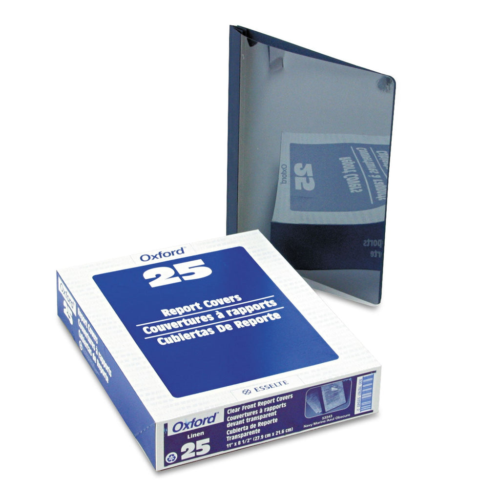 Oxford Clear Front Linen Report Cover, Three-Prong Fastener, 0.5" Capacity, 8.5 x 11, Clear/Navy, 25/Box