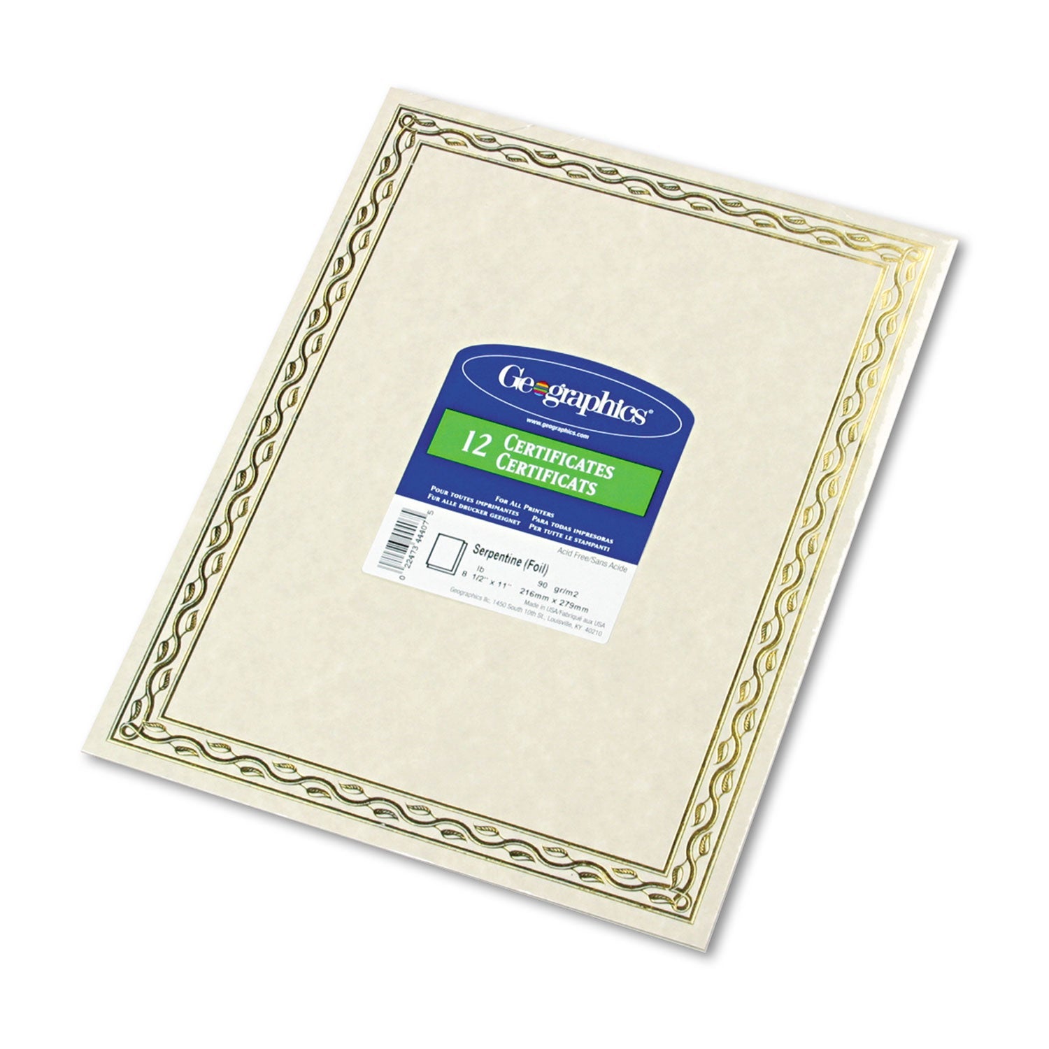 Geographics Foil Stamped Award Certificates, 8.5 x 11, Gold Serpentine with White Border, 12/Pack