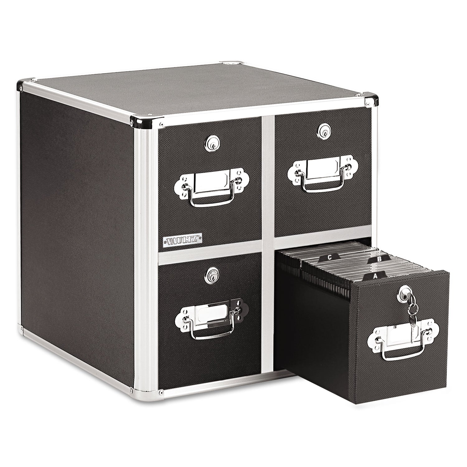 Vaultz Four-Drawer CD File Cabinet, Holds 660 Folders or 240 Slim/120 Standard Cases, Black