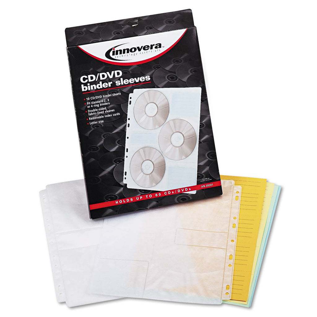 Innovera Two-Sided CD/DVD Pages for Three-Ring Binder, 6 Disc Capacity, Clear, 10/Pack
