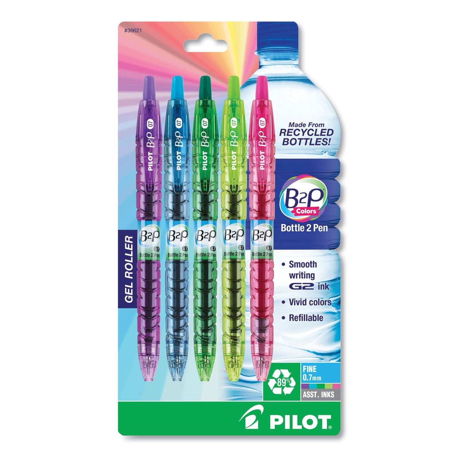 Pilot B2P Bottle-2-Pen Recycled Gel Pen, Retractable, Fine 0.7 mm, Assorted Ink and Barrel Colors, 5/Pack