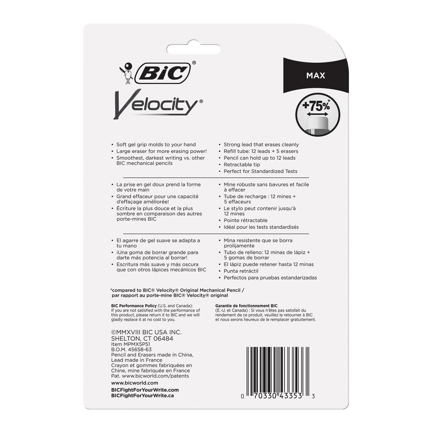 BIC Velocity Max Pencil, 0.5 mm, HB (#2), Black Lead, Assorted Barrel Colors, 5/Pack