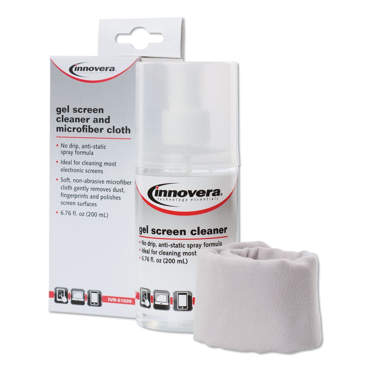 Innovera Anti-Static Gel Screen Cleaner, with Gray Microfiber Cloth, 4 oz Spray Bottle