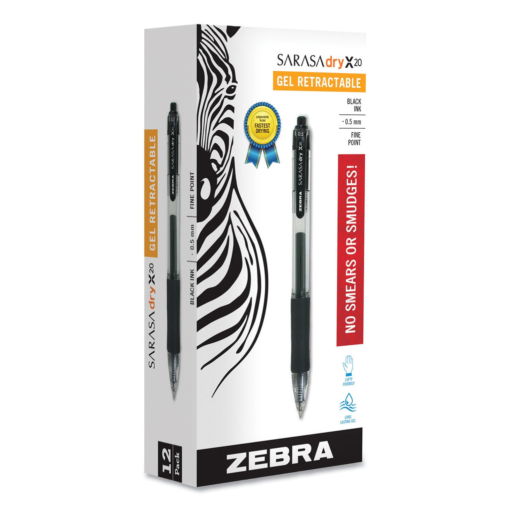 Zebra Sarasa Dry Gel X20 Gel Pen, Retractable, Fine 0.5 mm, Black Ink, Smoke Barrel, 12/Pack