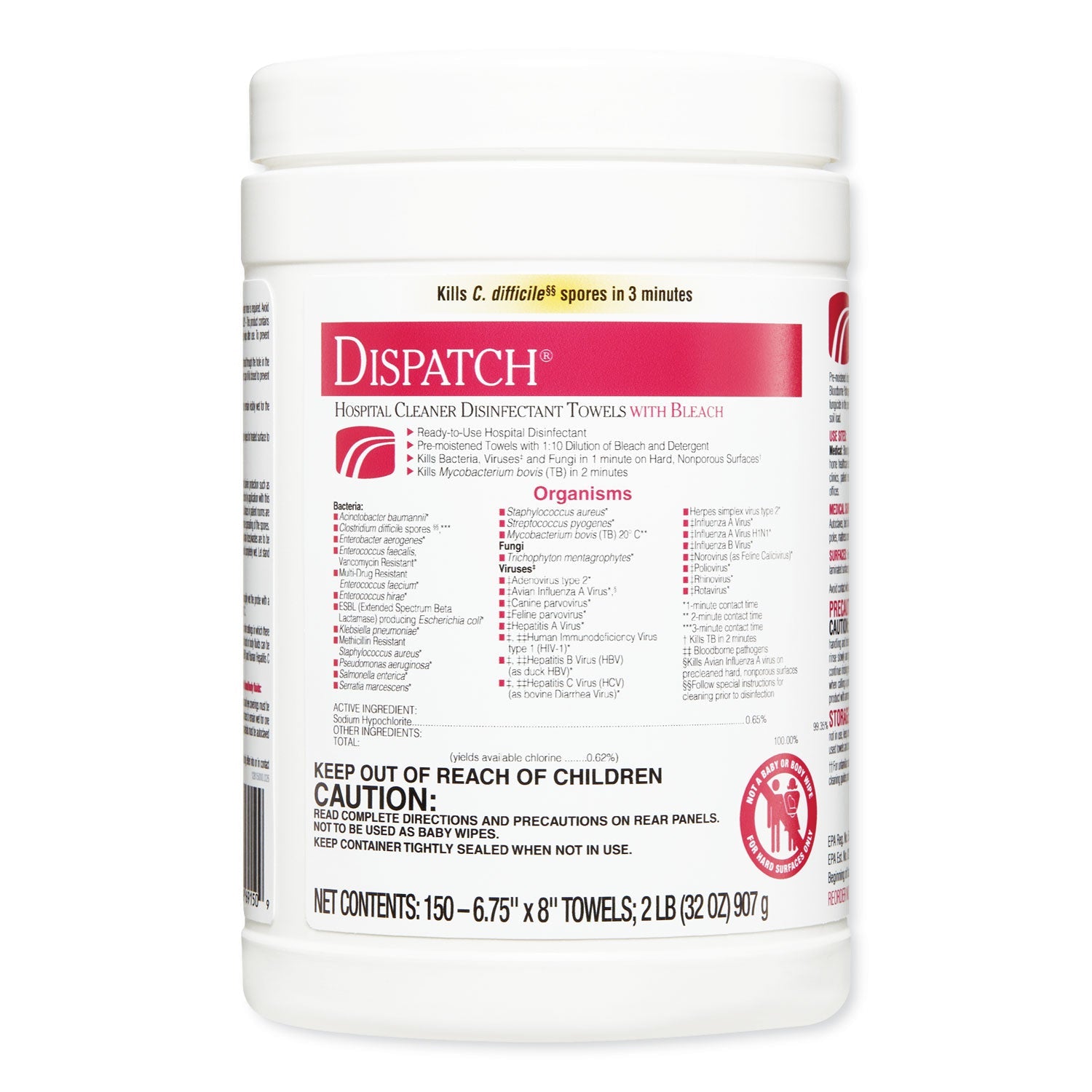 Clorox Dispatch Cleaner Disinfectant Towels, 6.75 x 8, Unscented, 150/Canister, 8 Canisters/Carton