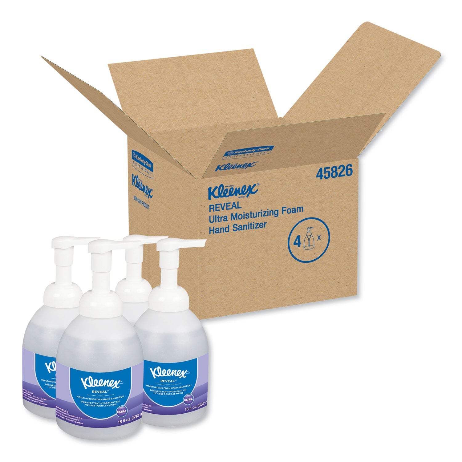 Kleenex Reveal Ultra Moisturizing Foam Hand Sanitizer, 18 oz Bottle, Fragrance-Free, 4/Carton