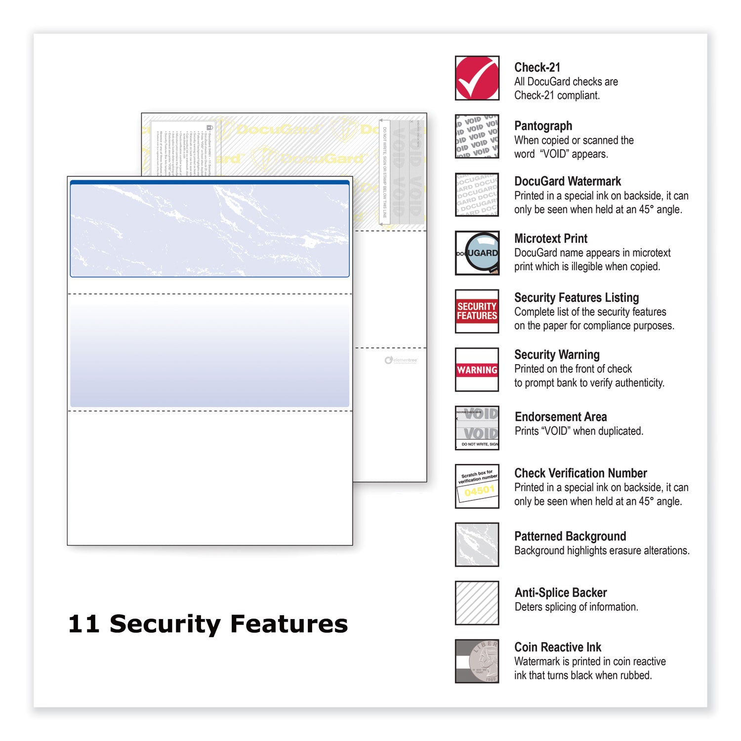 DocuGard Security Business Checks, 11 Features, 8.5 x 11, Blue Marble Top, 500/Ream