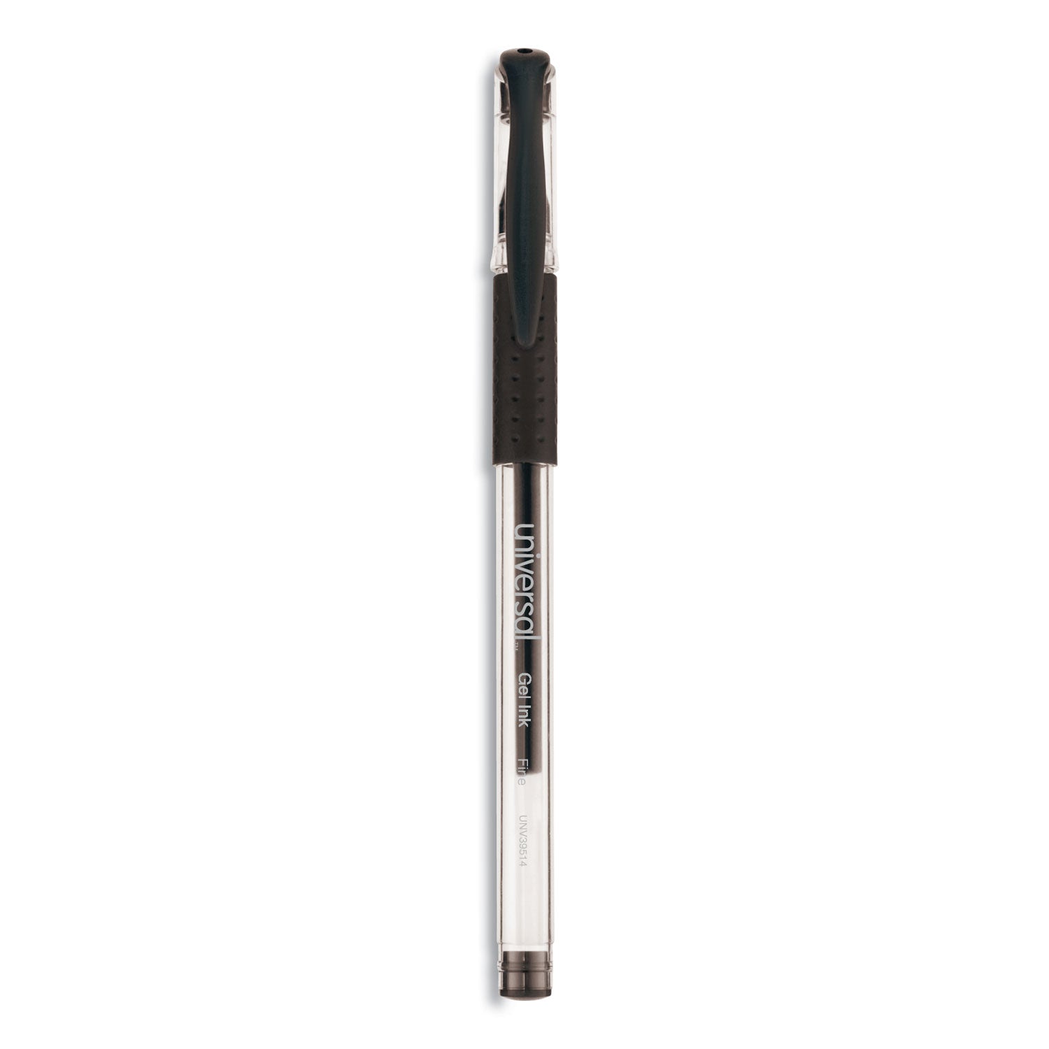 Universal Comfort Grip Gel Pen, Stick, Fine 0.5 mm, Black Ink, Clear Barrel, Dozen