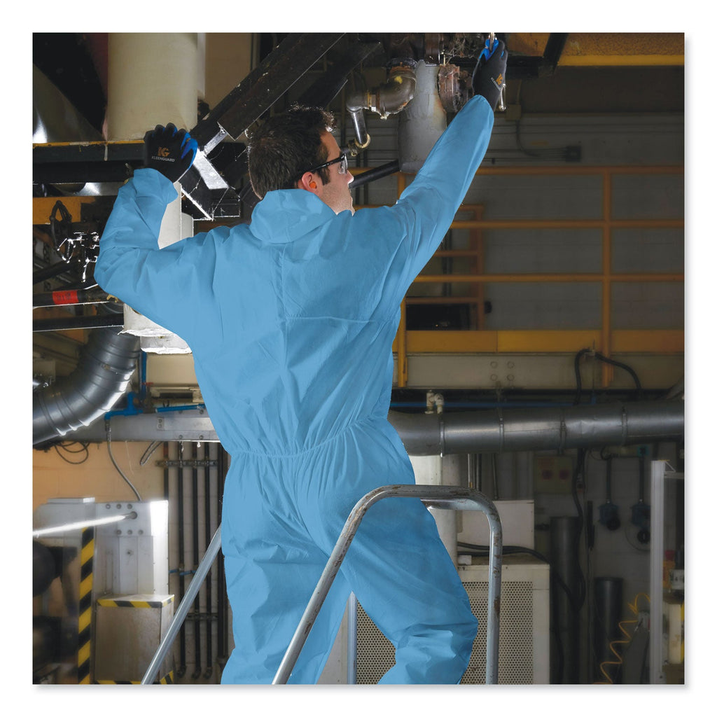KleenGuard A20 Elastic Back Wrist/Ankle Hooded Coveralls, Large, Blue, 24/Carton