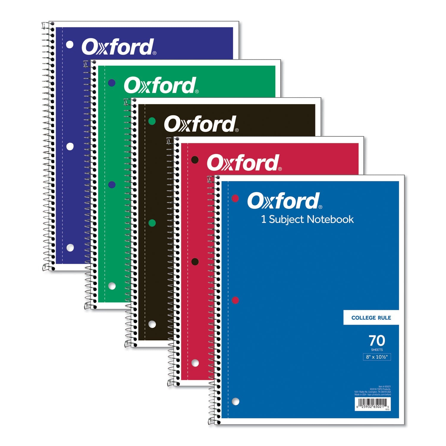 Oxford Coil-Lock Wirebound Notebooks, 3-Hole Punched, 1 Subject, Medium/College Rule, Randomly Assorted Covers, 10.5 x 8, 70 Sheets