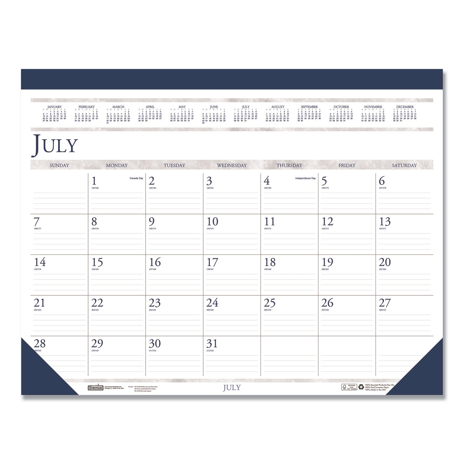 House of Doolittle Recycled Academic Desk Pad Calendar, 18.5 x 13, White/Blue Sheets, Blue Binding/Corners, 14-Month (July to Aug): 2022 to 2023