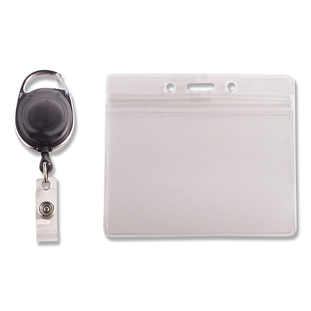 Advantus Resealable ID Badge Holders with 30" Cord Reel, Horizontal, Frosted 4.13" x 3.75" Holder, 3.75" x 2.63" Insert, 10/Pack