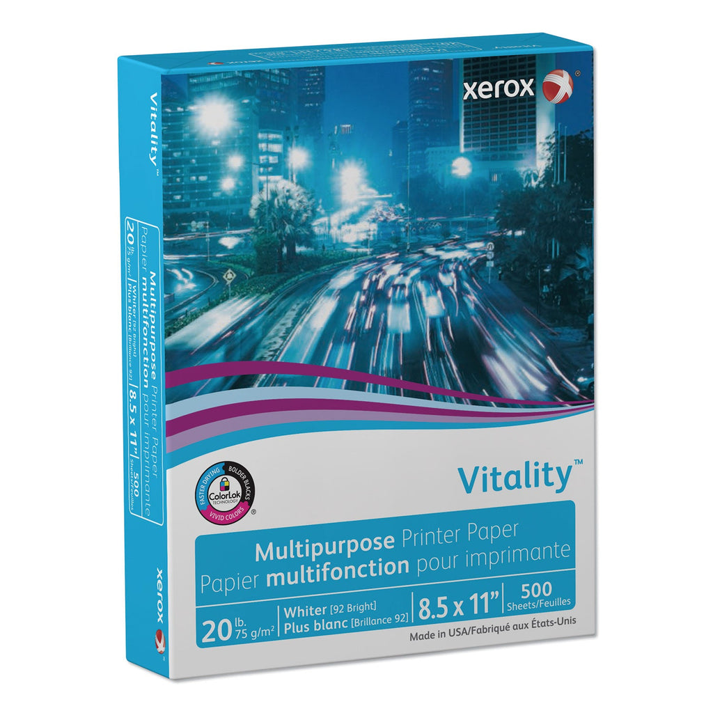 xerox Vitality Multipurpose Print Paper, 92 Bright, 20 lb Bond Weight, 8.5 x 11, White, 500/Ream
