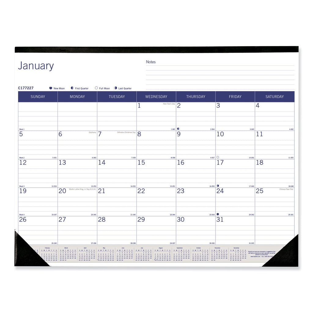 Blueline DuraGlobe Monthly Desk Pad Calendar, 22 x 17, White/Blue/Gray Sheets, Black Binding/Corners, 12-Month (Jan to Dec): 2023