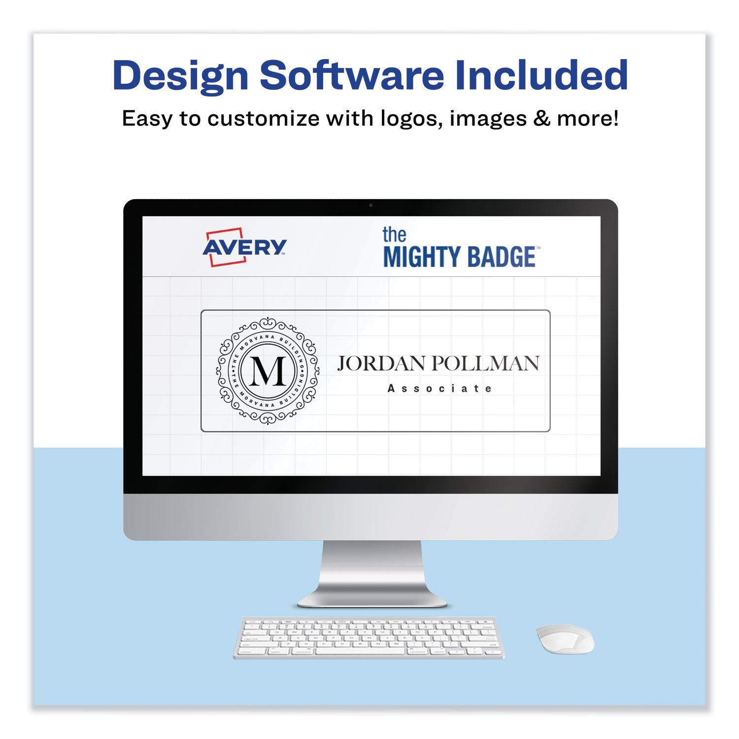 Avery The Mighty Badge Name Badge Holder Kit, Horizontal, 3 x 1, Inkjet, Silver, 4 Holders/32 Inserts