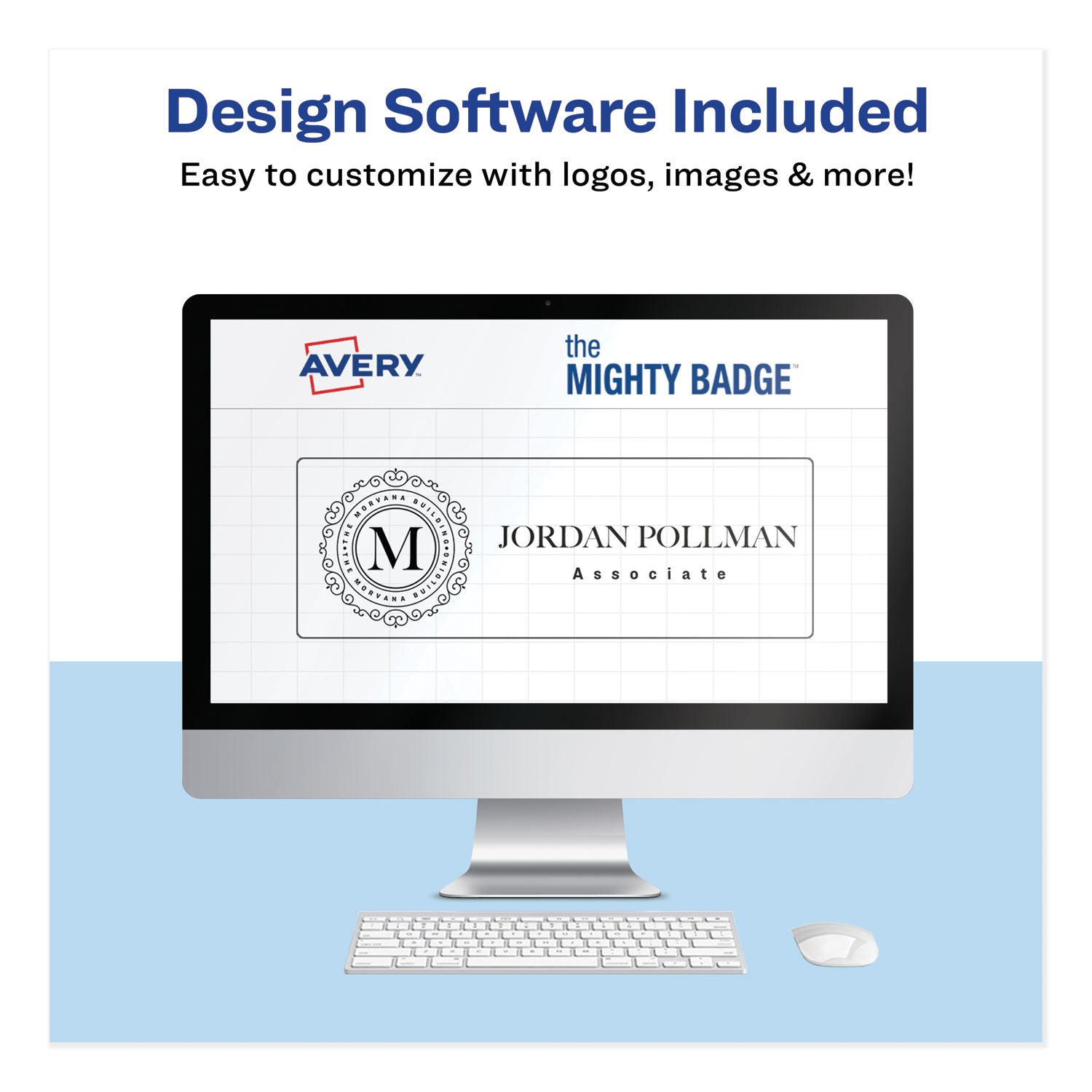 Avery The Mighty Badge Name Badge Holder Kit, Horizontal, 3 x 1, Laser, Silver, 10 Holders/ 80 Inserts