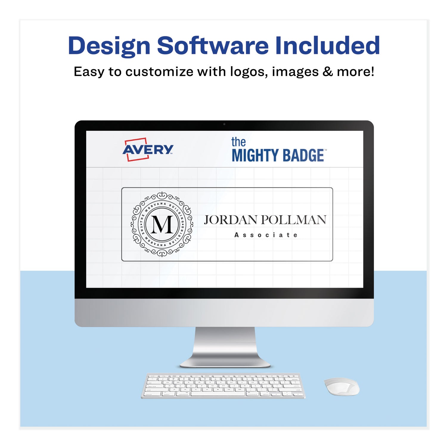 Avery The Mighty Badge Name Badge Holder Kit, Horizontal, 3 x 1, Laser, Silver, 50 Holders/120 Inserts