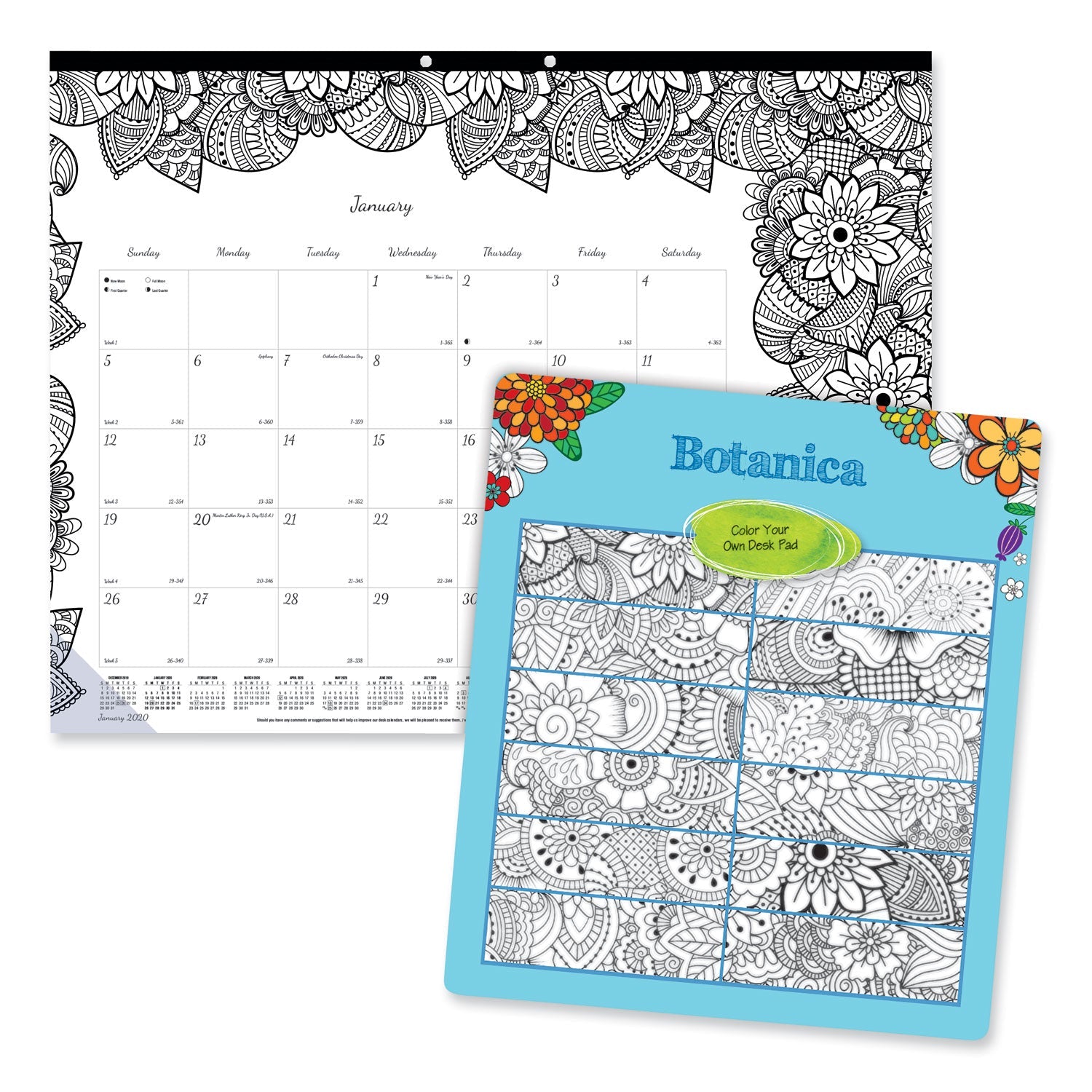 Blueline Monthly Desk Pad Calendar, DoodlePlan Coloring Pages, 22 x 17, Black Binding, Clear Corners, 12-Month (Jan to Dec): 2023