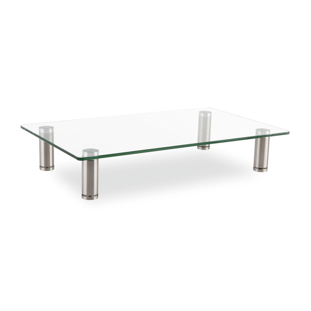 Innovera Adjustable Tempered Glass Monitor Riser, 15.75" x 9.5" x 3" to 3.5", Clear/Silver, Supports 44 lbs