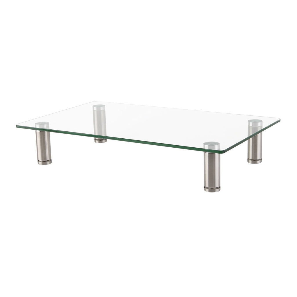 Innovera Adjustable Tempered Glass Monitor Riser, 15.75" x 9.5" x 3" to 3.5", Clear/Silver, Supports 44 lbs